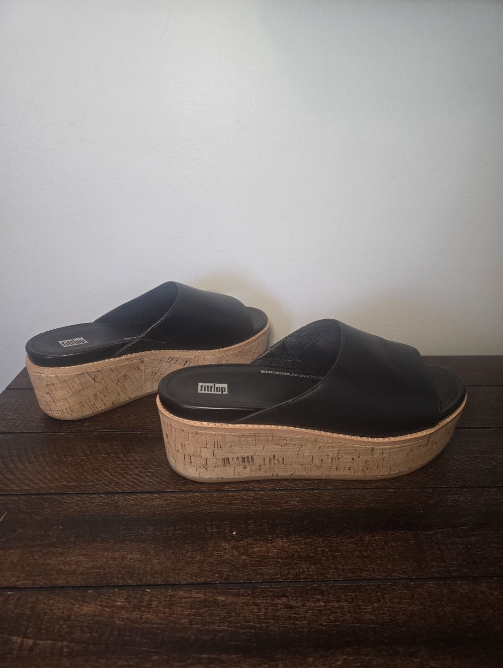 Fitflop Eloise Cork Wrap Leather Wedge Slides Black Size 9